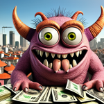 ** A friendly cartoon monster with dollar signs in its eyes, slowly nibbling on a stack of Turkish Lira (TRY) banknotes. The background shows a cityscape with rising price tags on buildings. The overall tone is humorous but slightly concerning.

**
