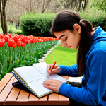 **A student deeply breathing, practicing mindfulness in a serene Turkish garden filled with tulips and a calming fountain. The student is surrounded by study materials like a *ders çalışma* notebook and *kalem*, but is focused on stress reduction before an important *sınav*. The atmosphere is peaceful and promotes *sakinleşmek* (calmness) and focus.**