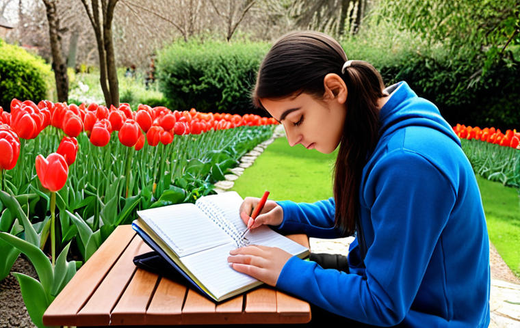 **A student deeply breathing, practicing mindfulness in a serene Turkish garden filled with tulips and a calming fountain. The student is surrounded by study materials like a *ders çalışma* notebook and *kalem*, but is focused on stress reduction before an important *sınav*. The atmosphere is peaceful and promotes *sakinleşmek* (calmness) and focus.**