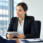 A professional financial advisor, fully clothed in a modest business suit, attentively listening to a client (also fully clothed in appropriate business attire) across a modern office desk. The advisor is making eye contact with a warm, empathetic expression. On the desk, a subtle tablet displays abstract financial data, emphasizing the human interaction over technology. The background is a blurred, inviting office environment with soft lighting, suggesting trust and comfort. perfect anatomy, correct proportions, natural pose, well-formed hands, proper finger count, natural body proportions, professional photography, high detail, sharp focus, professional dress, safe for work, appropriate content, family-friendly.