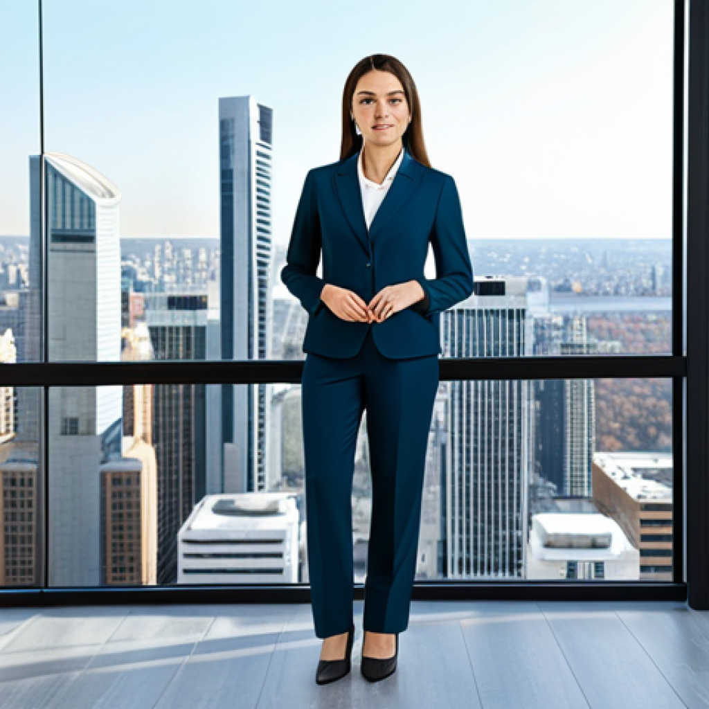 **Prompt:** A confident businesswoman in a modern, modest pantsuit, standing in a bright, contemporary office. Large windows overlook a bustling city. Fully clothed, appropriate attire, safe for work, perfect anatomy, natural proportions, professional photography, high quality.