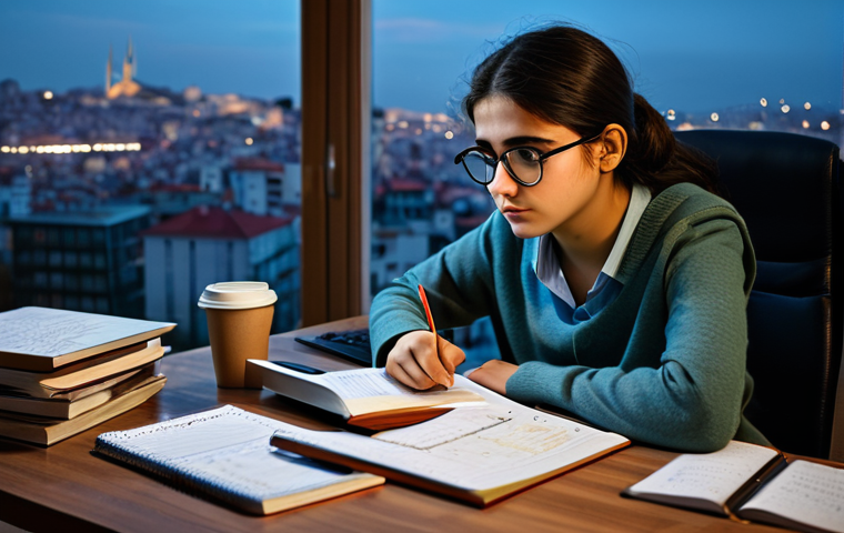 펀드투자상담사 시험 난이도 분석 - **Prompt:** A highly detailed, realistic photograph of a determined young female Turkish student at ...